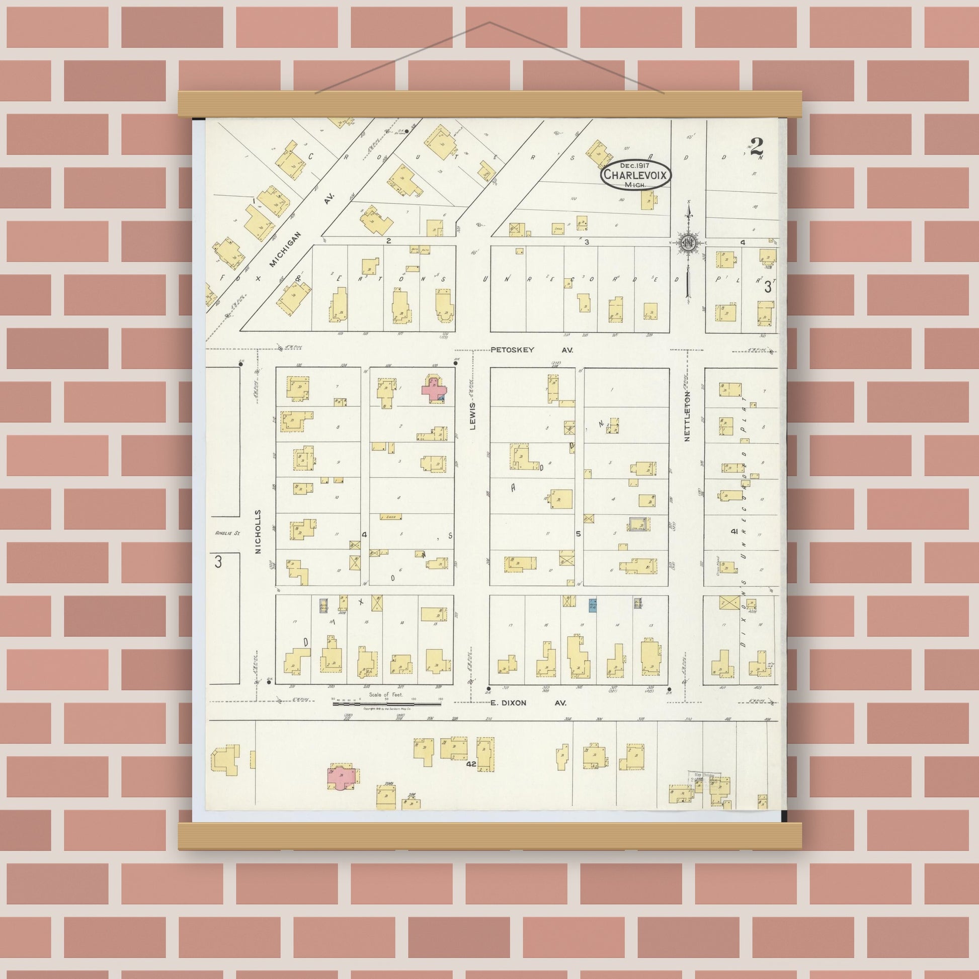 Old map wall art mockup — magnetic wood frame on brick wall — Sanborn Fire Insurance Map from Charlevoix, Charlevoix County, Michigan (1917), Sheet #0002
