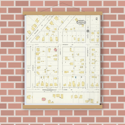 Old map wall art mockup — magnetic wood frame on brick wall — Sanborn Fire Insurance Map from Charlevoix, Charlevoix County, Michigan (1917), Sheet #0002