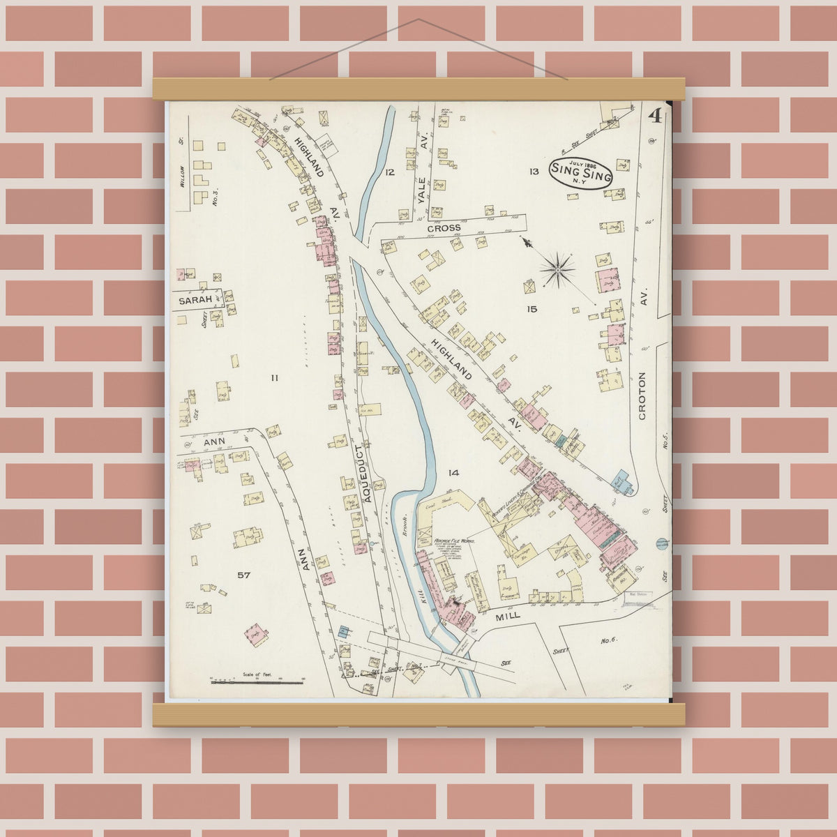 Old map wall art mockup — magnetic wood frame on brick wall — Sanborn Fire Insurance Map from Sing Sing, Westchester County, New York (1886), Sheet #0004