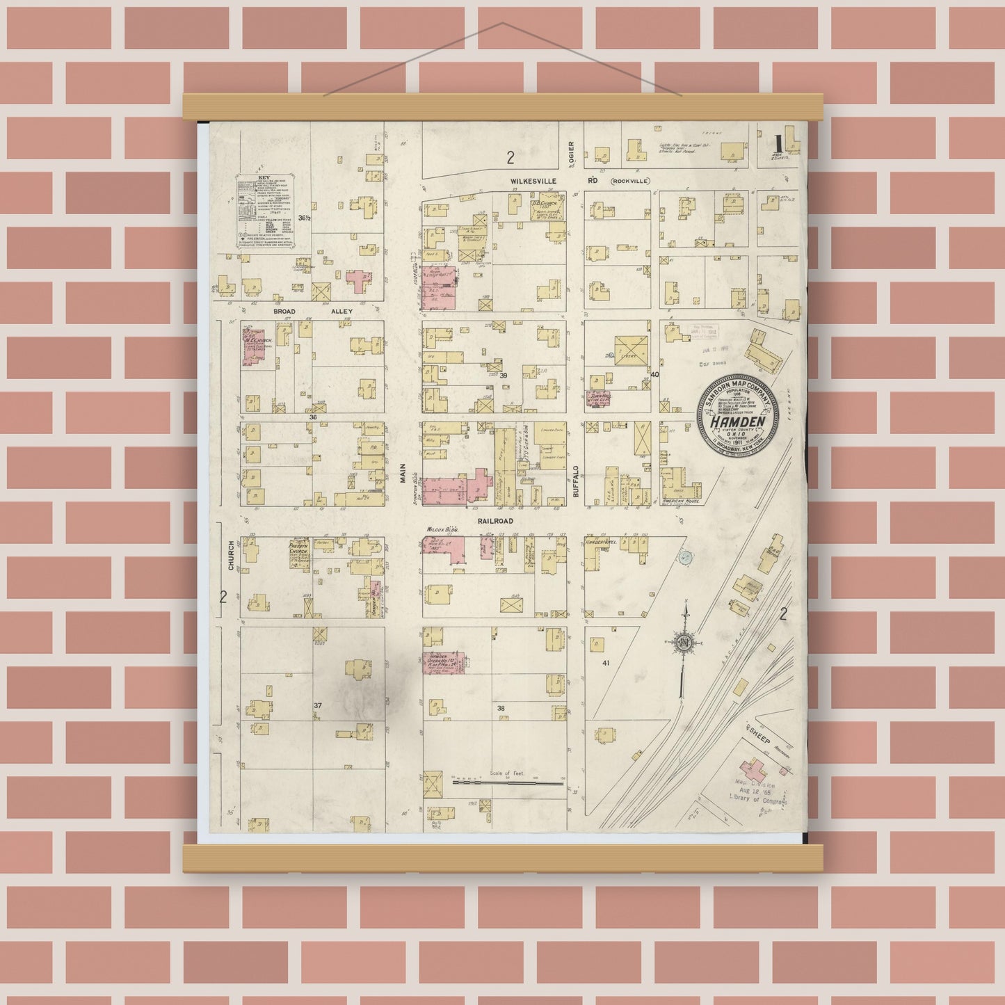 Old map wall art mockup — magnetic wood frame on brick wall — Sanborn Fire Insurance Map from Hamden, Vinton County, Ohio (1911) - Complete Map Set