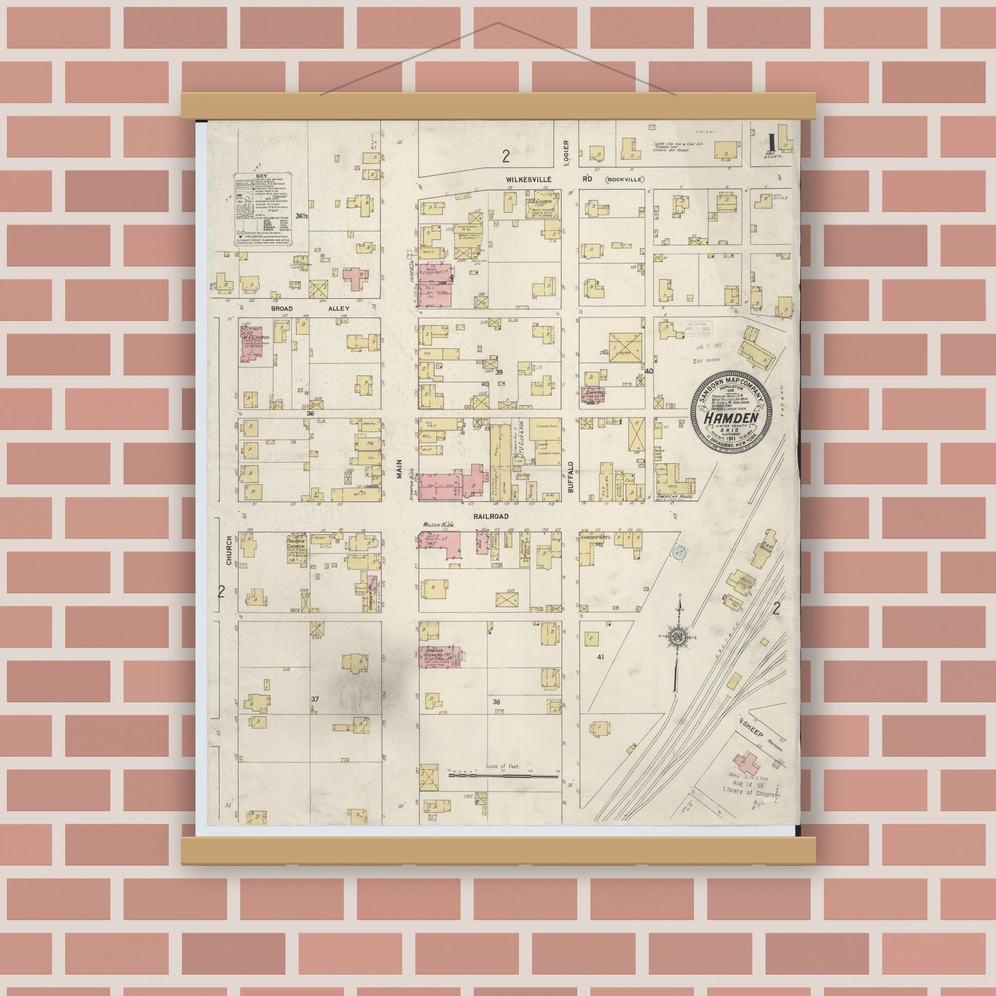 Old map wall art mockup — magnetic wood frame on brick wall — Sanborn Fire Insurance Map from Hamden, Vinton County, Ohio (1911) - Complete Map Set