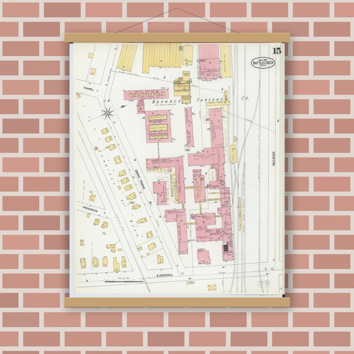 Old map wall art mockup — magnetic wood frame on brick wall — Sanborn Fire Insurance Map from Battle Creek, Calhoun County, Michigan (1902), Sheet #0015