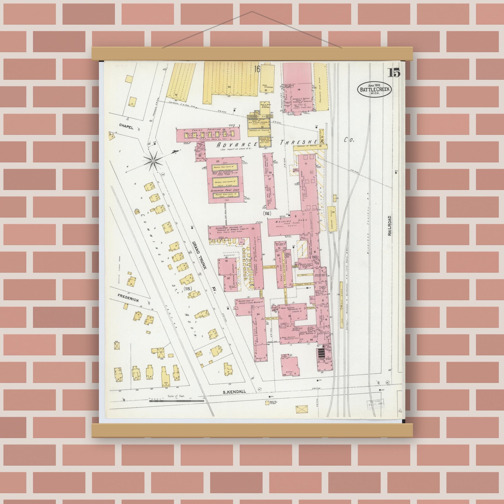 Old map wall art mockup — magnetic wood frame on brick wall — Sanborn Fire Insurance Map from Battle Creek, Calhoun County, Michigan (1902), Sheet #0015