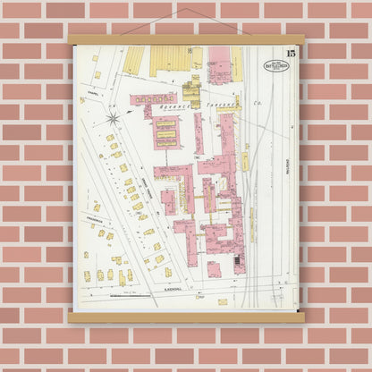 Old map wall art mockup — magnetic wood frame on brick wall — Sanborn Fire Insurance Map from Battle Creek, Calhoun County, Michigan (1902), Sheet #0015