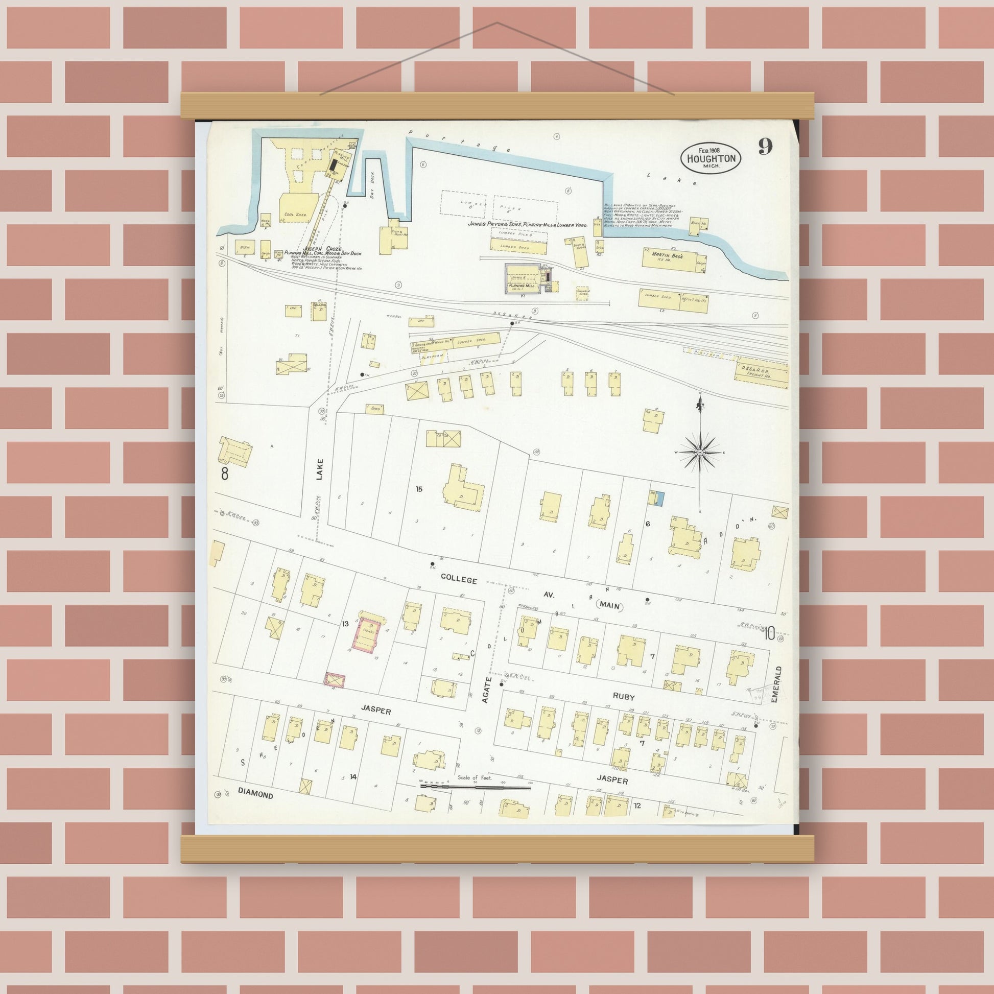 Old map wall art mockup — magnetic wood frame on brick wall — Sanborn Fire Insurance Map from Houghton, Houghton County, Michigan (1908), Sheet #0009