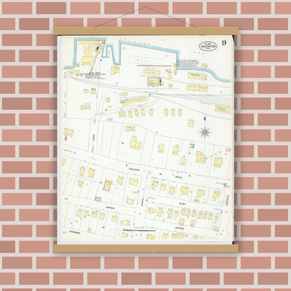 Old map wall art mockup — magnetic wood frame on brick wall — Sanborn Fire Insurance Map from Houghton, Houghton County, Michigan (1908), Sheet #0009