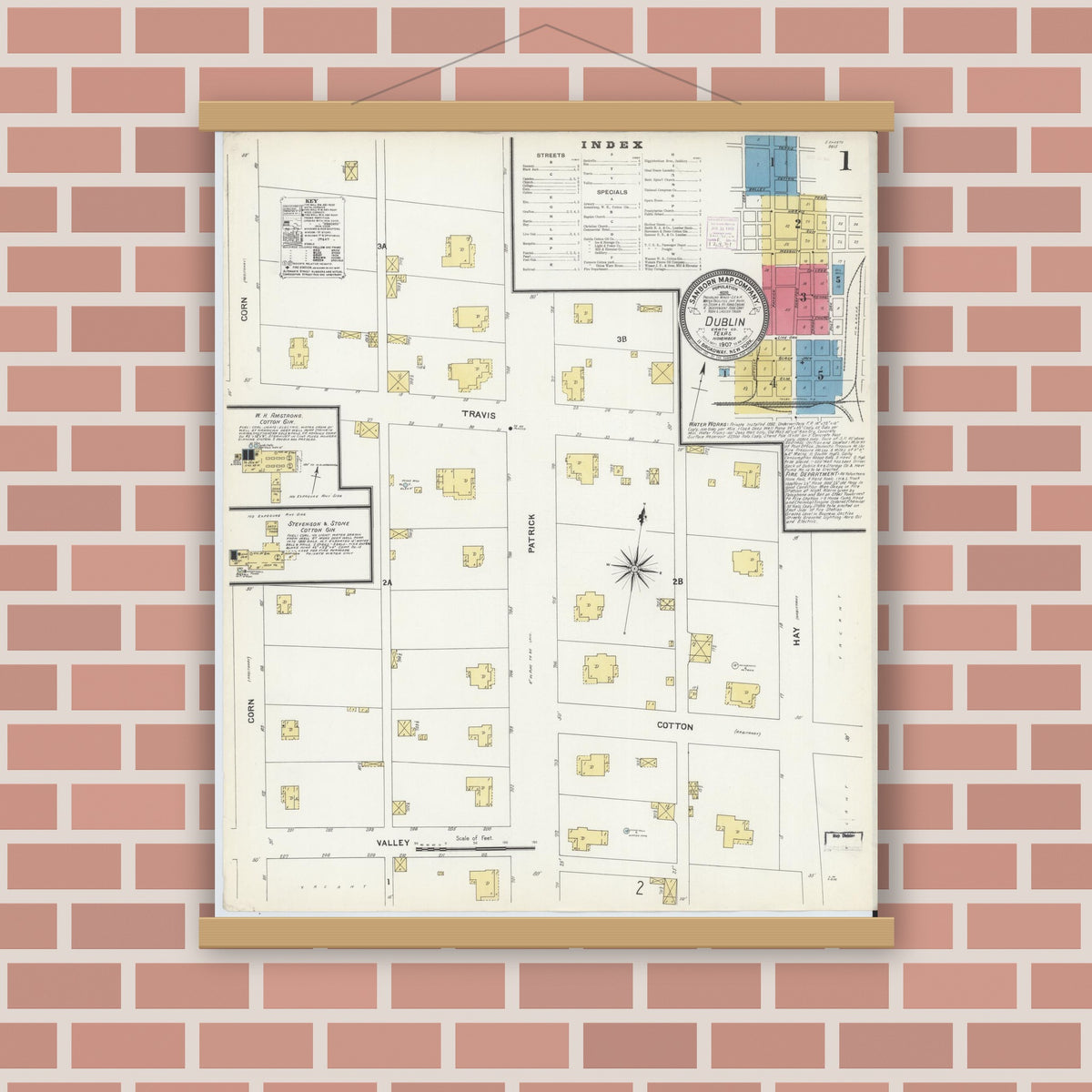 Old map wall art mockup — magnetic wood frame on brick wall — Sanborn Fire Insurance Map from Dublin, Erath County, Texas (1907) - Complete Map Set