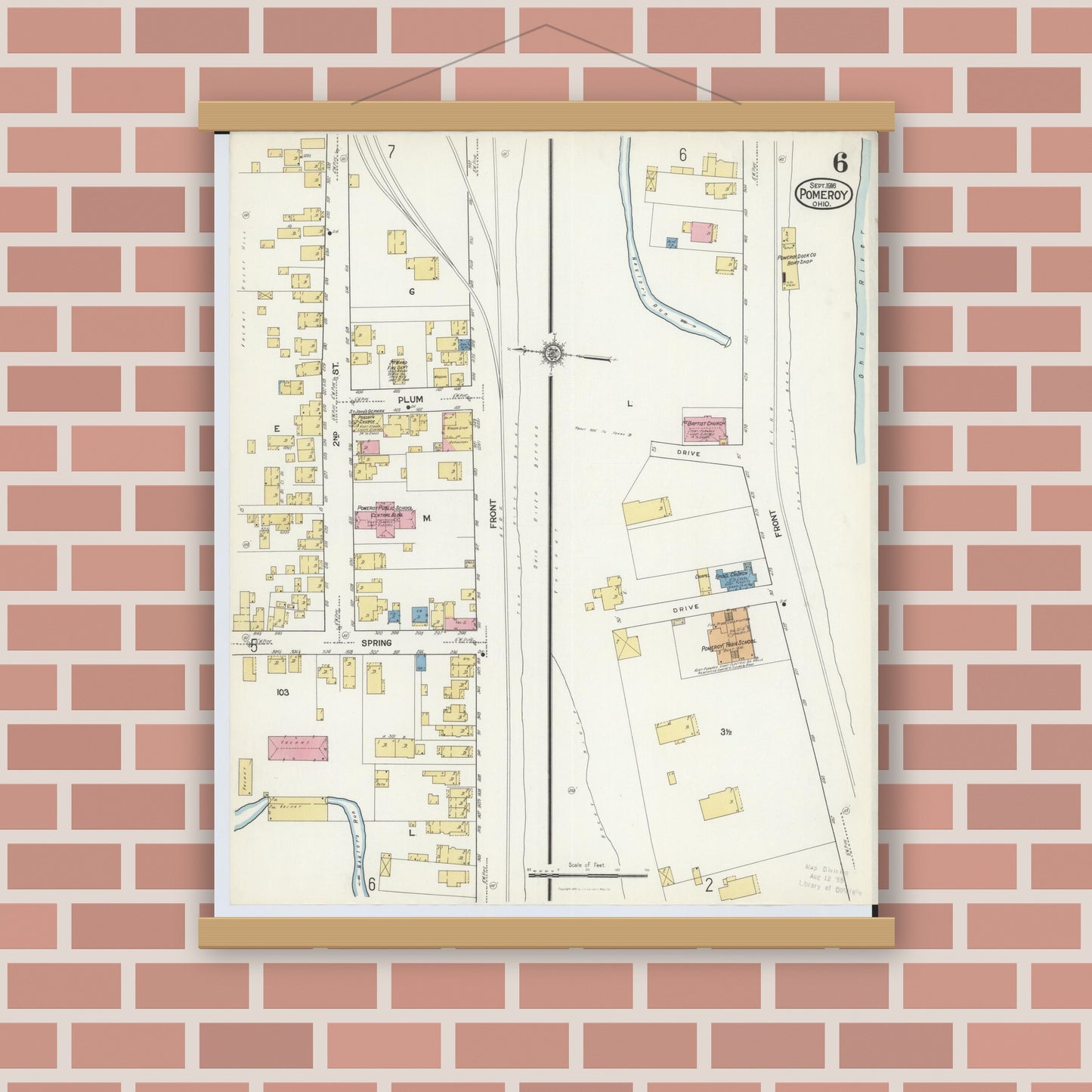 Old map wall art mockup — magnetic wood frame on brick wall — Sanborn Fire Insurance Map from Pomeroy, Meigs County, Ohio (1916), Sheet #0006