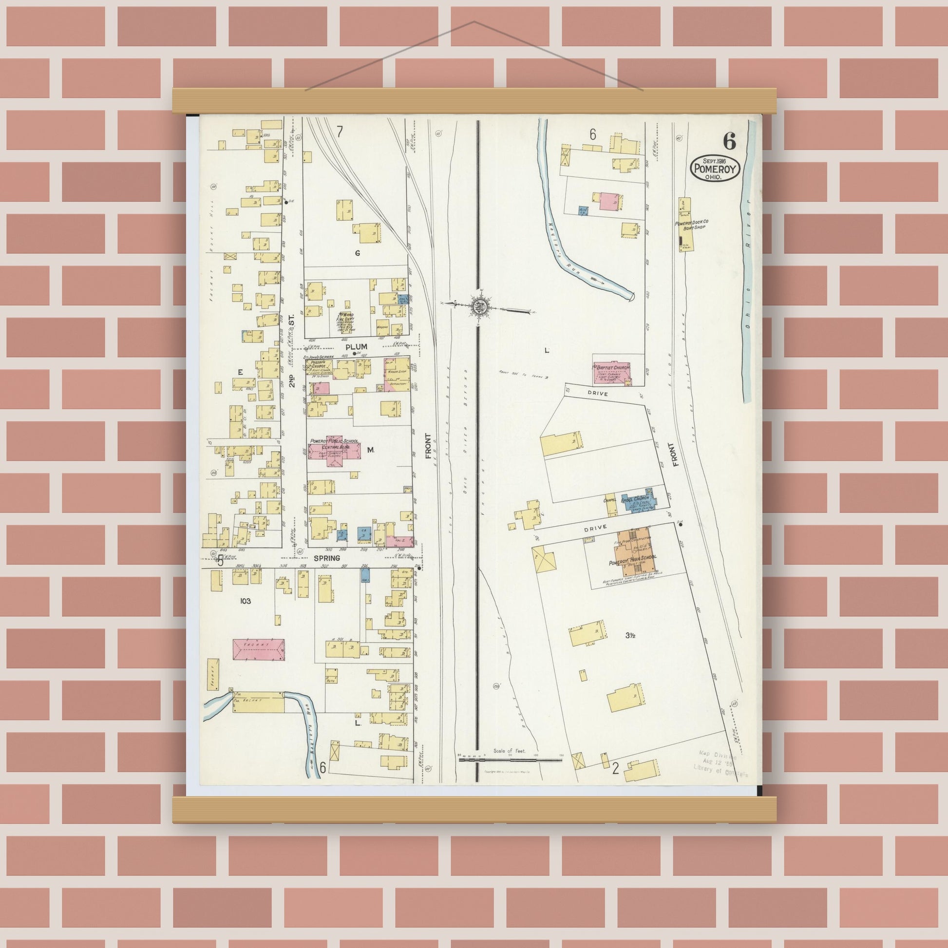 Old map wall art mockup — magnetic wood frame on brick wall — Sanborn Fire Insurance Map from Pomeroy, Meigs County, Ohio (1916), Sheet #0006