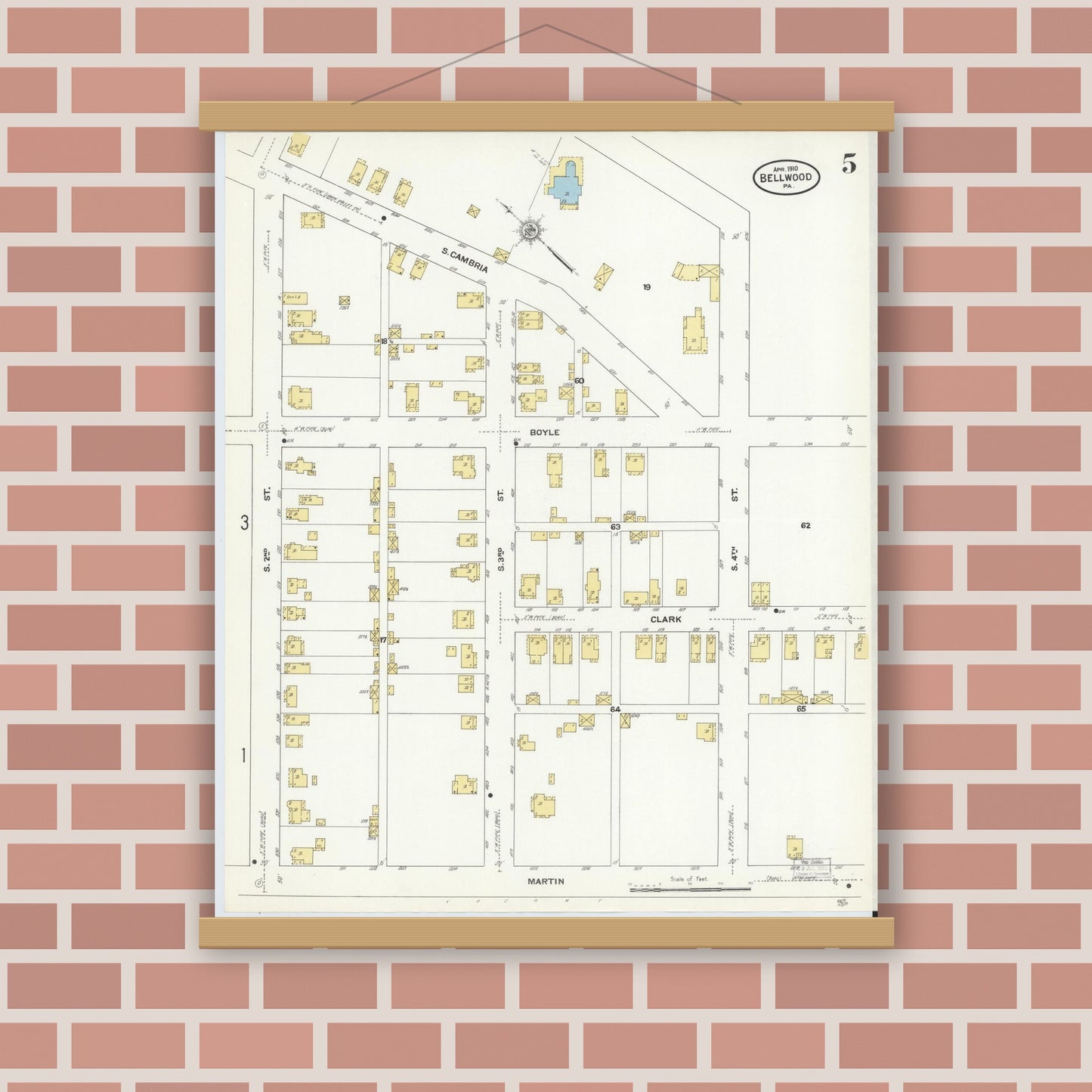 Old map wall art mockup — magnetic wood frame on brick wall — Sanborn Fire Insurance Map from Bellwood, Blair County, Pennsylvania (1910), Sheet #0005