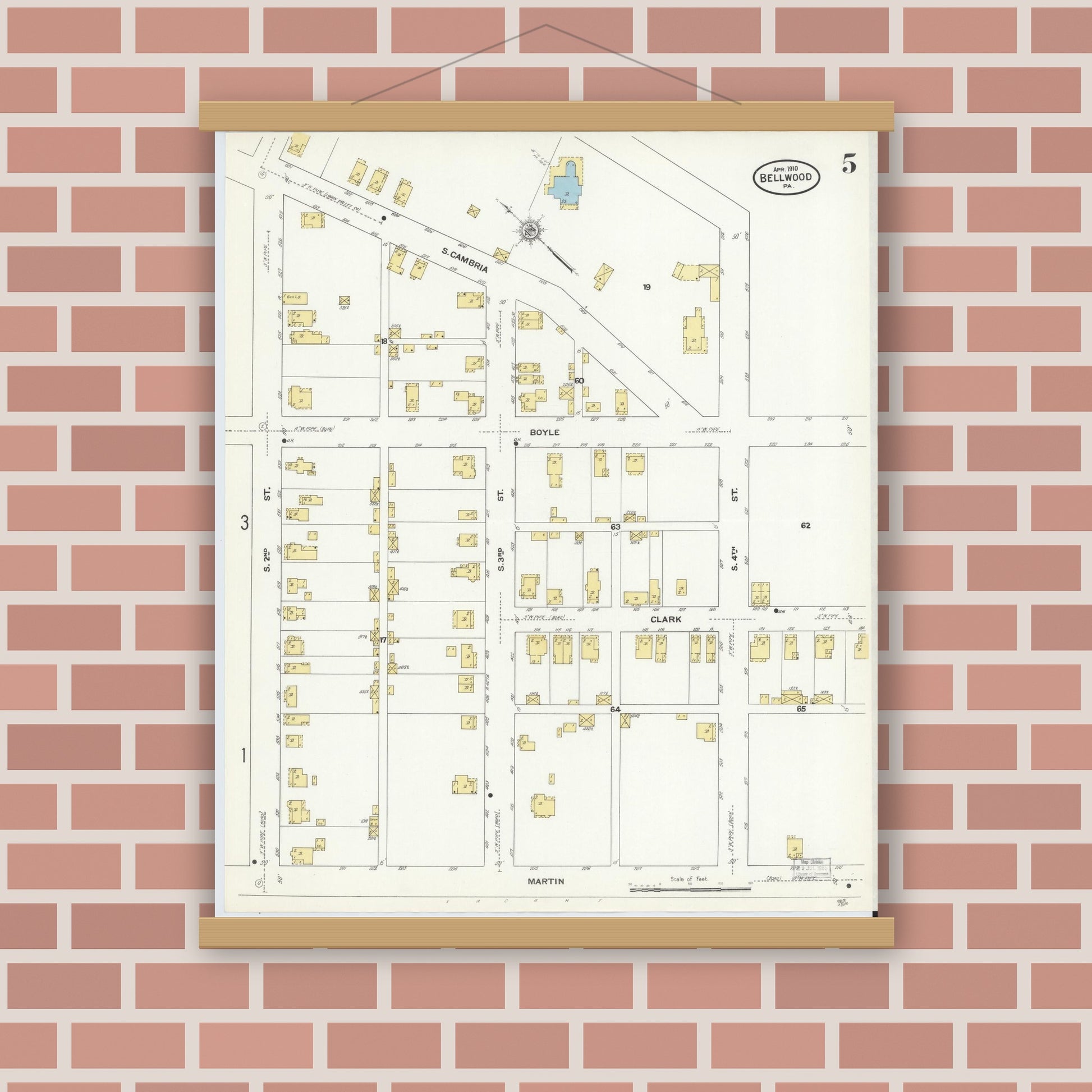 Old map wall art mockup — magnetic wood frame on brick wall — Sanborn Fire Insurance Map from Bellwood, Blair County, Pennsylvania (1910), Sheet #0005