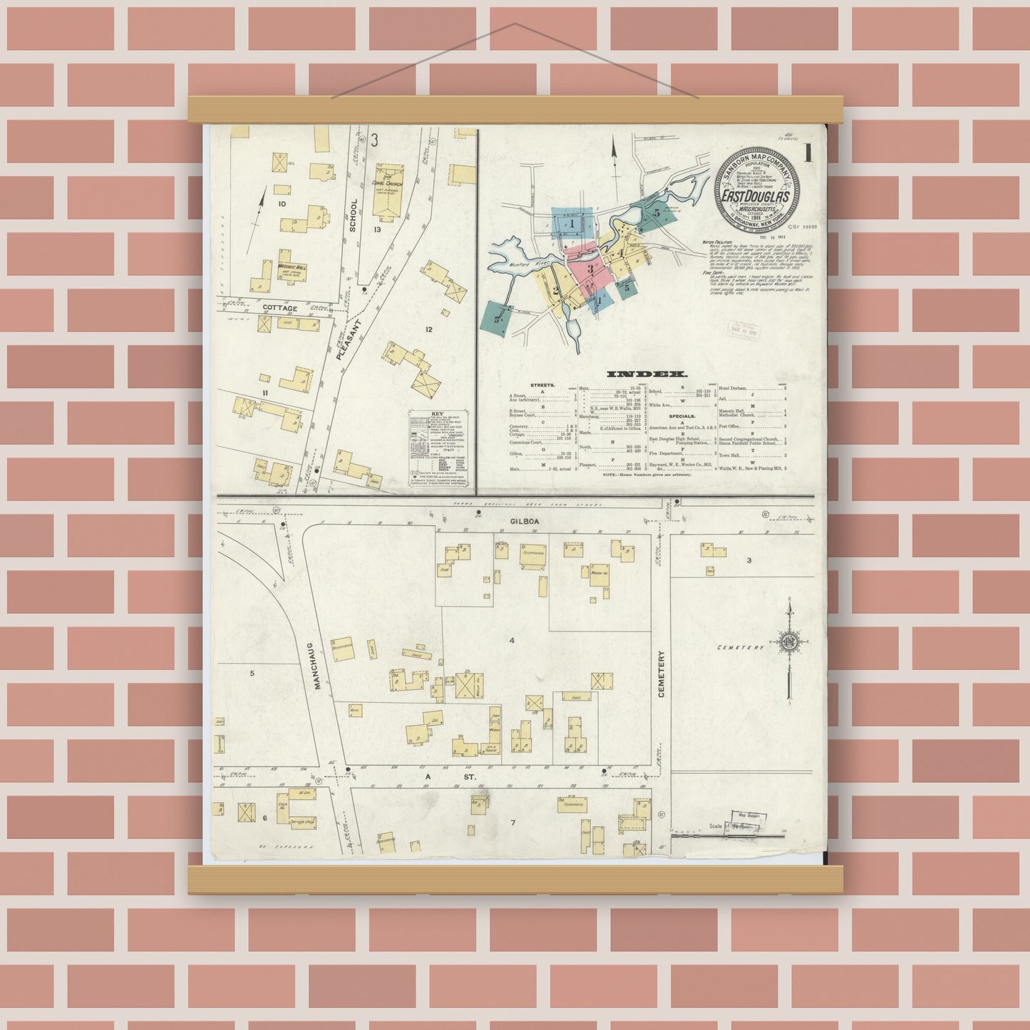 Old map wall art mockup — magnetic wood frame on brick wall — Sanborn Fire Insurance Map from East Douglas, Worcester County, Massachusetts (1911), Sheet #0001