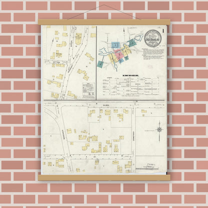 Old map wall art mockup — magnetic wood frame on brick wall — Sanborn Fire Insurance Map from East Douglas, Worcester County, Massachusetts (1911), Sheet #0001