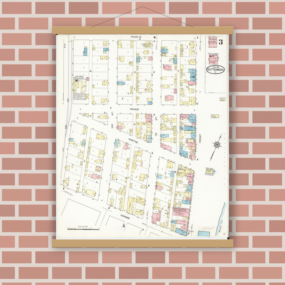 Old map wall art mockup — magnetic wood frame on brick wall — Sanborn Fire Insurance Map from Guttenberg, Clayton County, Iowa (1914), Sheet #0003