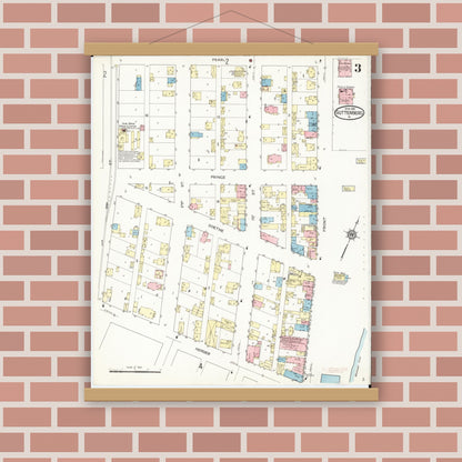 Old map wall art mockup — magnetic wood frame on brick wall — Sanborn Fire Insurance Map from Guttenberg, Clayton County, Iowa (1914), Sheet #0003