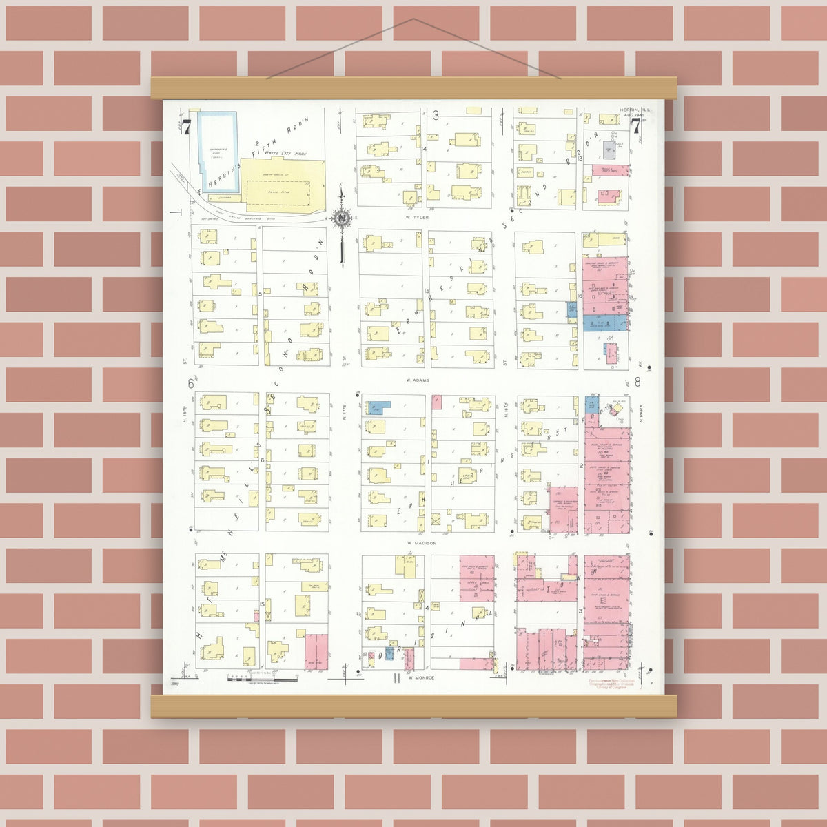 Old map wall art mockup — magnetic wood frame on brick wall — Sanborn Fire Insurance Map from Herrin, Williamson County, Illinois (1941), Sheet #0007