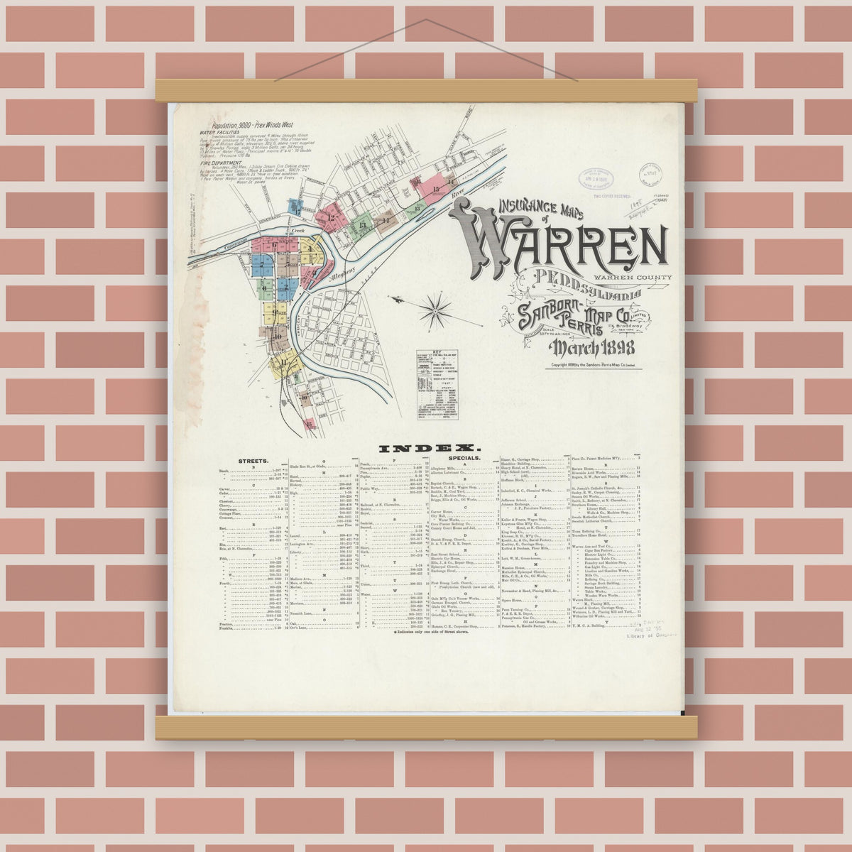 Old map wall art mockup — magnetic wood frame on brick wall — Sanborn Fire Insurance Map from Warren, Warren County, Pennsylvania (1898) - Complete Map Set