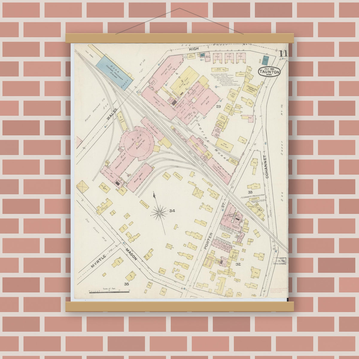 Old map wall art mockup — magnetic wood frame on brick wall — Sanborn Fire Insurance Map from Taunton, Bristol County, Massachusetts (1888), Sheet #0011