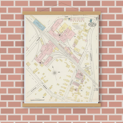 Old map wall art mockup — magnetic wood frame on brick wall — Sanborn Fire Insurance Map from Taunton, Bristol County, Massachusetts (1888), Sheet #0011