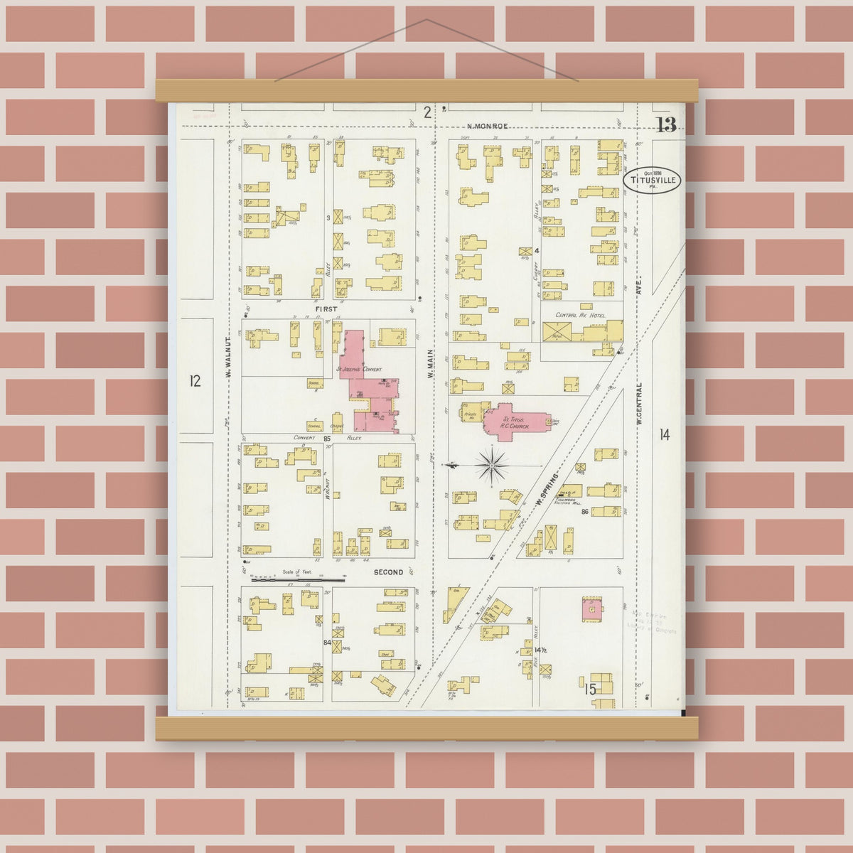 Old map wall art mockup — magnetic wood frame on brick wall — Sanborn Fire Insurance Map from Titusville, Crawford County, Pennsylvania (1898), Sheet #0013