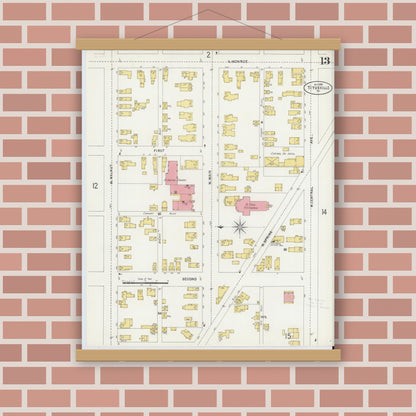 Old map wall art mockup — magnetic wood frame on brick wall — Sanborn Fire Insurance Map from Titusville, Crawford County, Pennsylvania (1898), Sheet #0013