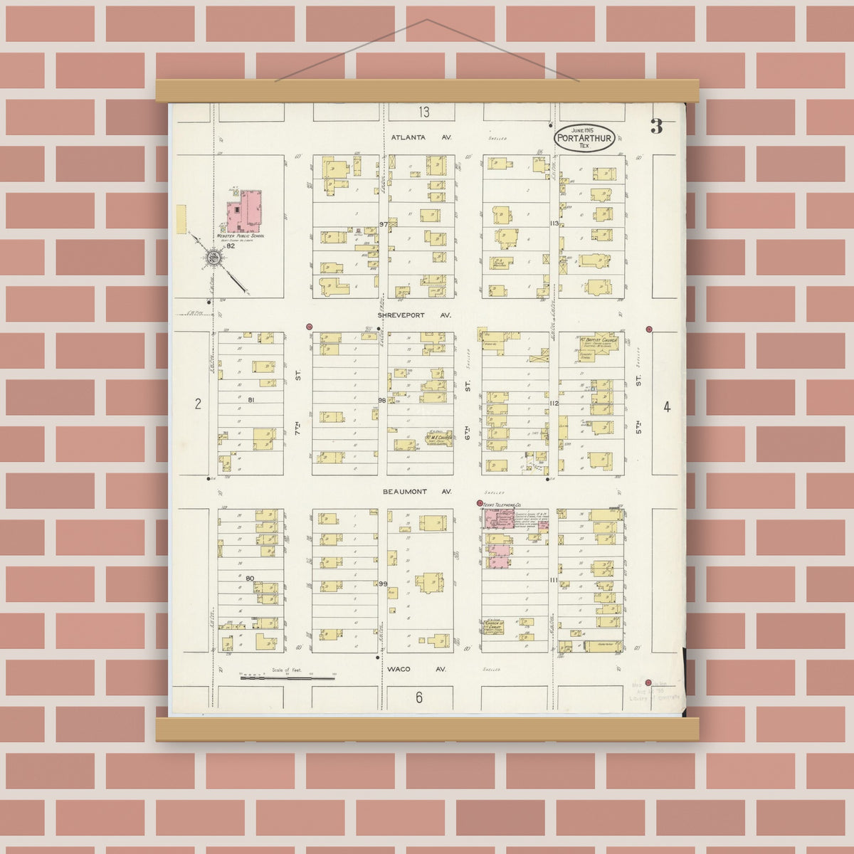 Old map wall art mockup — magnetic wood frame on brick wall — Sanborn Fire Insurance Map from Port Arthur, Jefferson County, Texas (1915), Sheet #0003