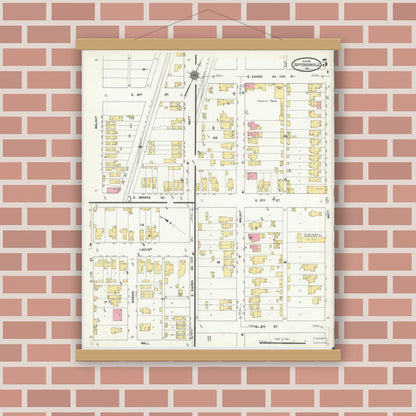 Old map wall art mockup — magnetic wood frame on brick wall — Sanborn Fire Insurance Map from Jeffersonville, Clark County, Indiana (1911), Sheet #0005