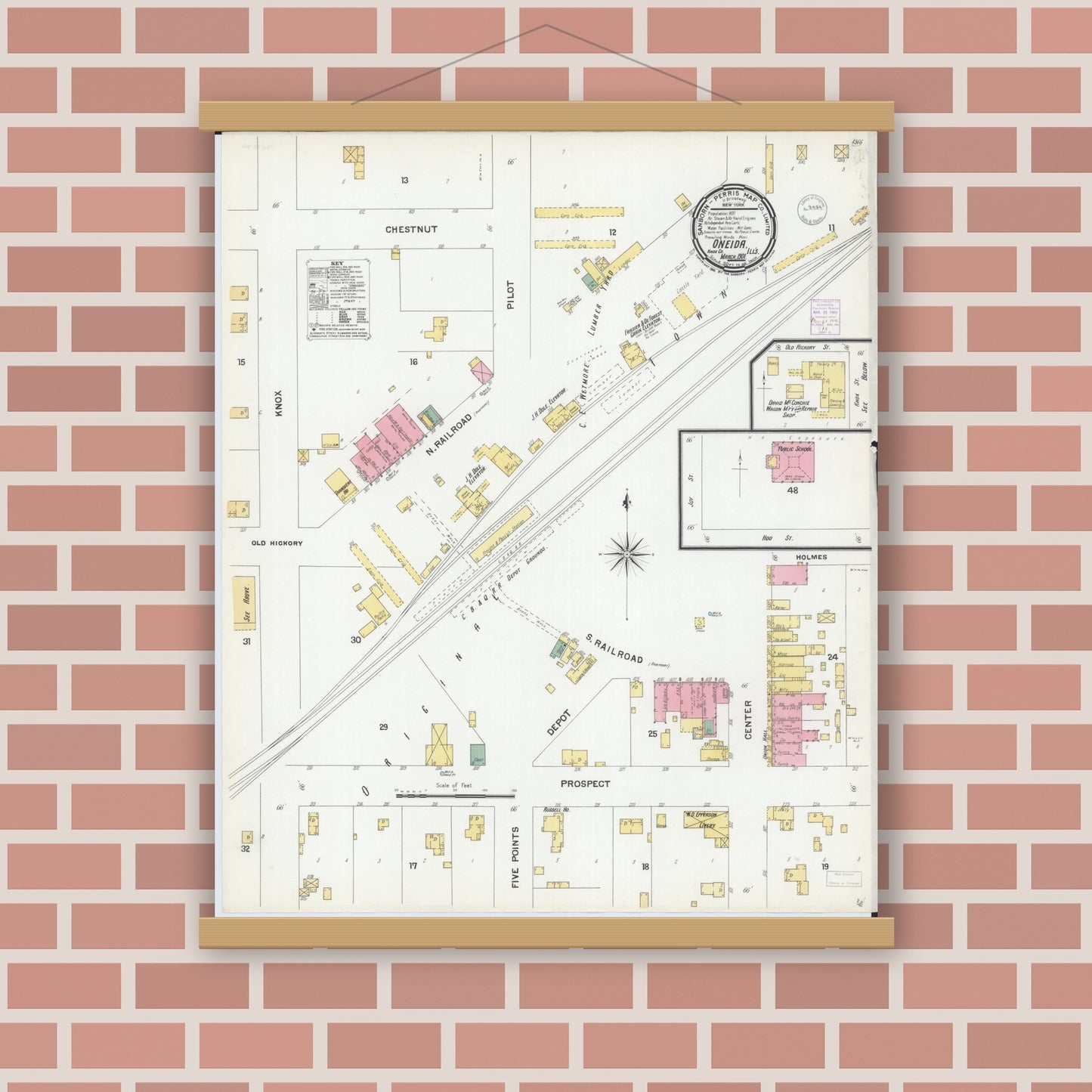 Old map wall art mockup — magnetic wood frame on brick wall — Sanborn Fire Insurance Map from Oneida, Knox County, Illinois (1901), Sheet #0001
