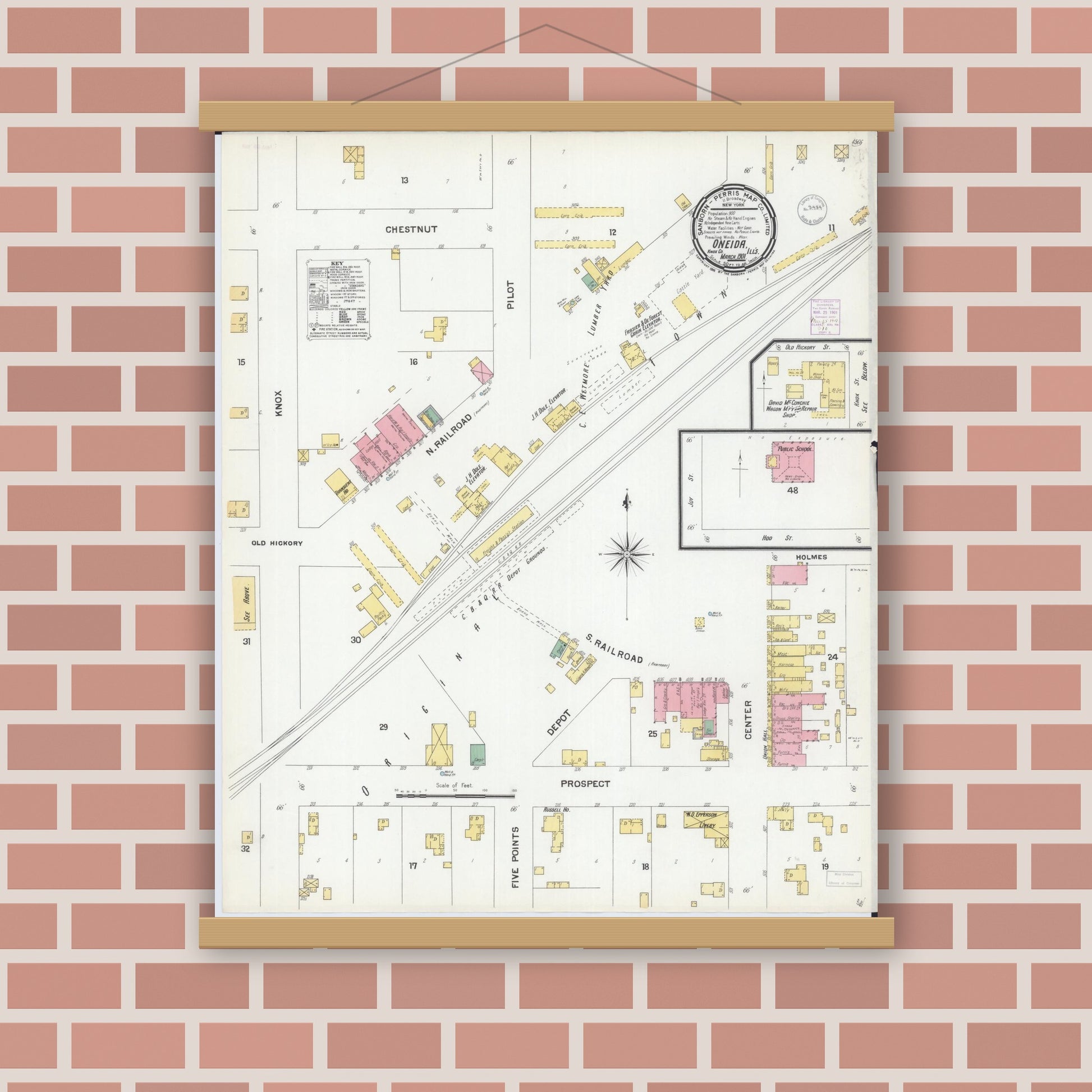 Old map wall art mockup — magnetic wood frame on brick wall — Sanborn Fire Insurance Map from Oneida, Knox County, Illinois (1901), Sheet #0001