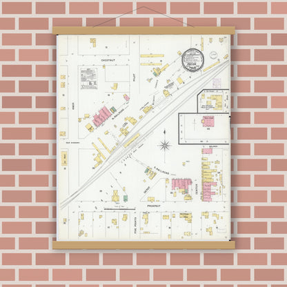 Old map wall art mockup — magnetic wood frame on brick wall — Sanborn Fire Insurance Map from Oneida, Knox County, Illinois (1901), Sheet #0001
