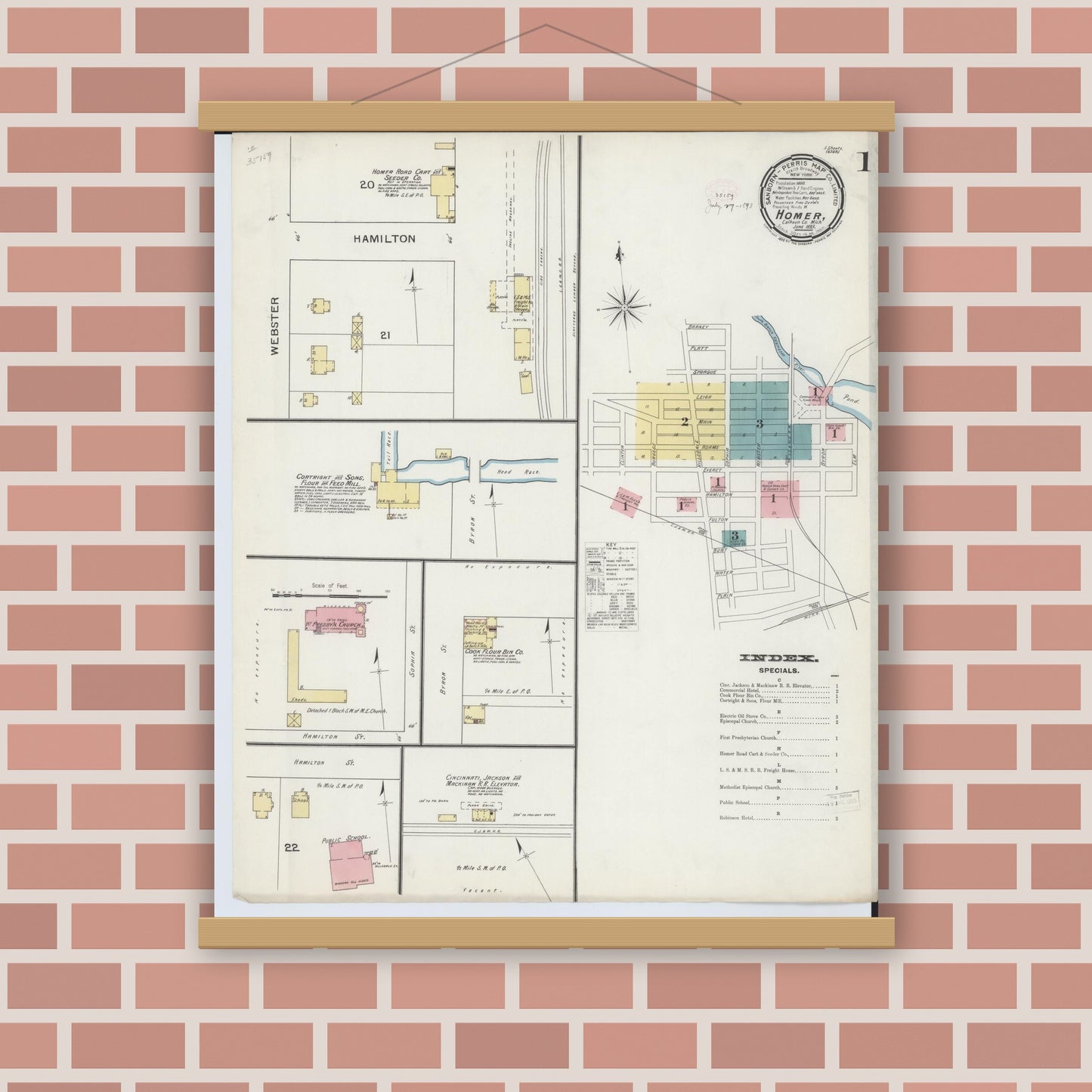 Old map wall art mockup — magnetic wood frame on brick wall — Sanborn Fire Insurance Map from Homer, Calhoun County, Michigan (1893), Sheet #0001