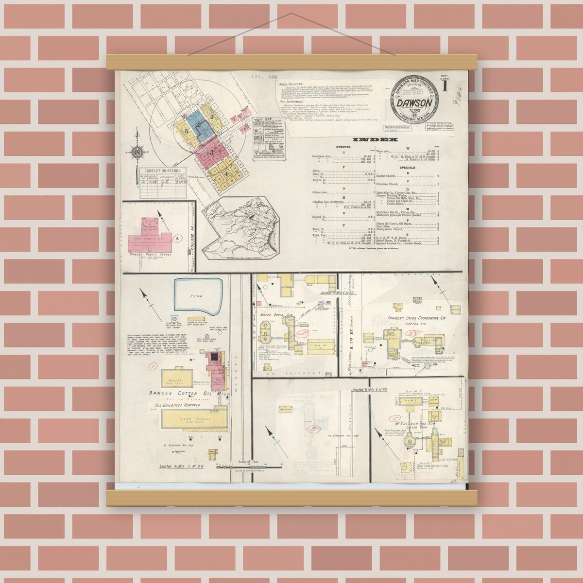 Old map wall art mockup — magnetic wood frame on brick wall — Sanborn Fire Insurance Map from Dawson, Navarro County, Texas (1943), Sheet #0001