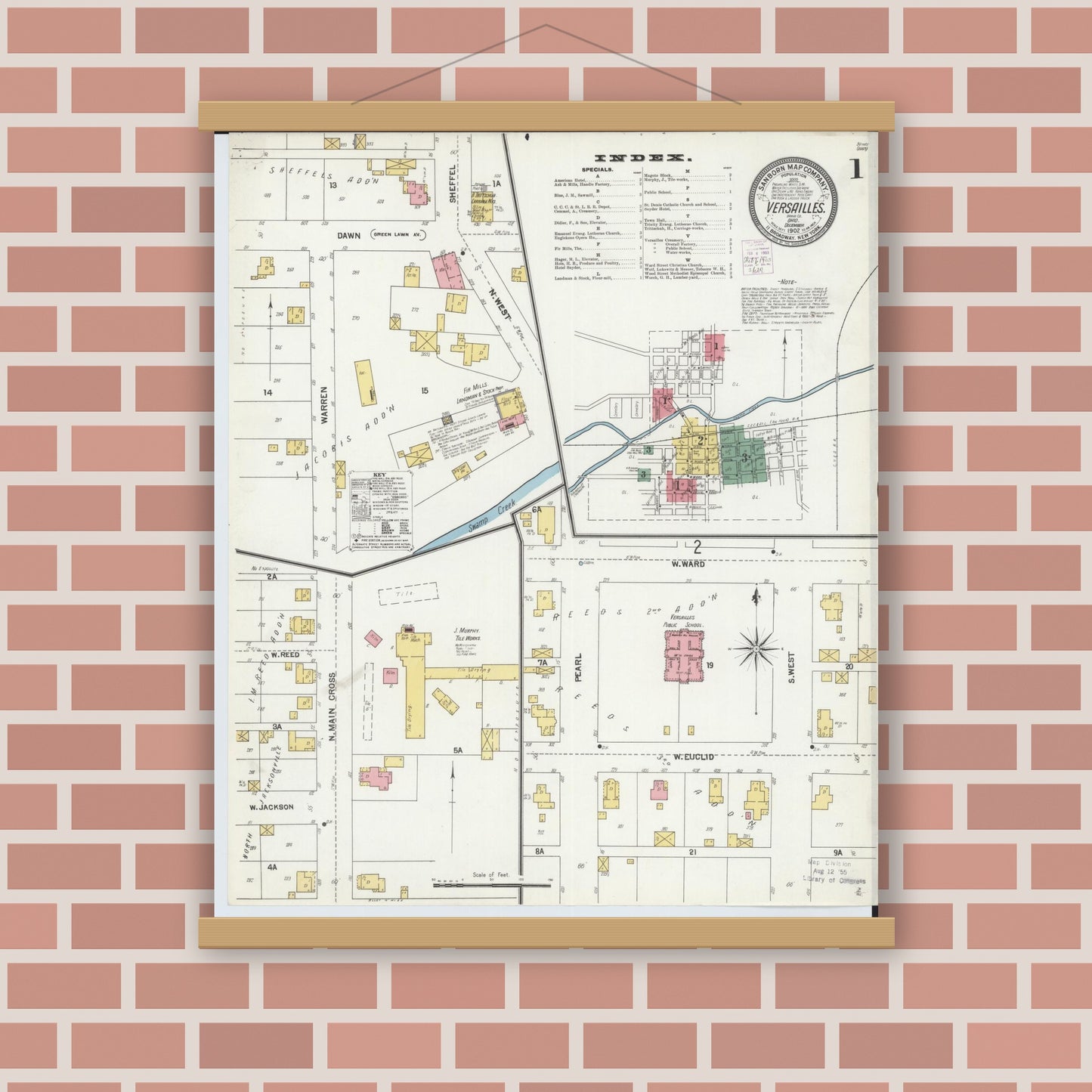 Old map wall art mockup — magnetic wood frame on brick wall — Sanborn Fire Insurance Map from Versailles, Darke County, Ohio (1902) - Complete Map Set
