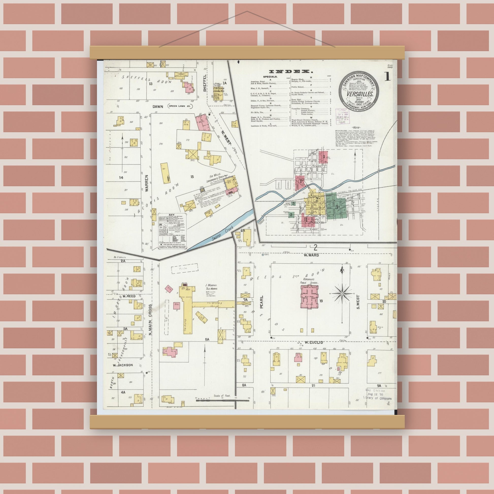 Old map wall art mockup — magnetic wood frame on brick wall — Sanborn Fire Insurance Map from Versailles, Darke County, Ohio (1902) - Complete Map Set