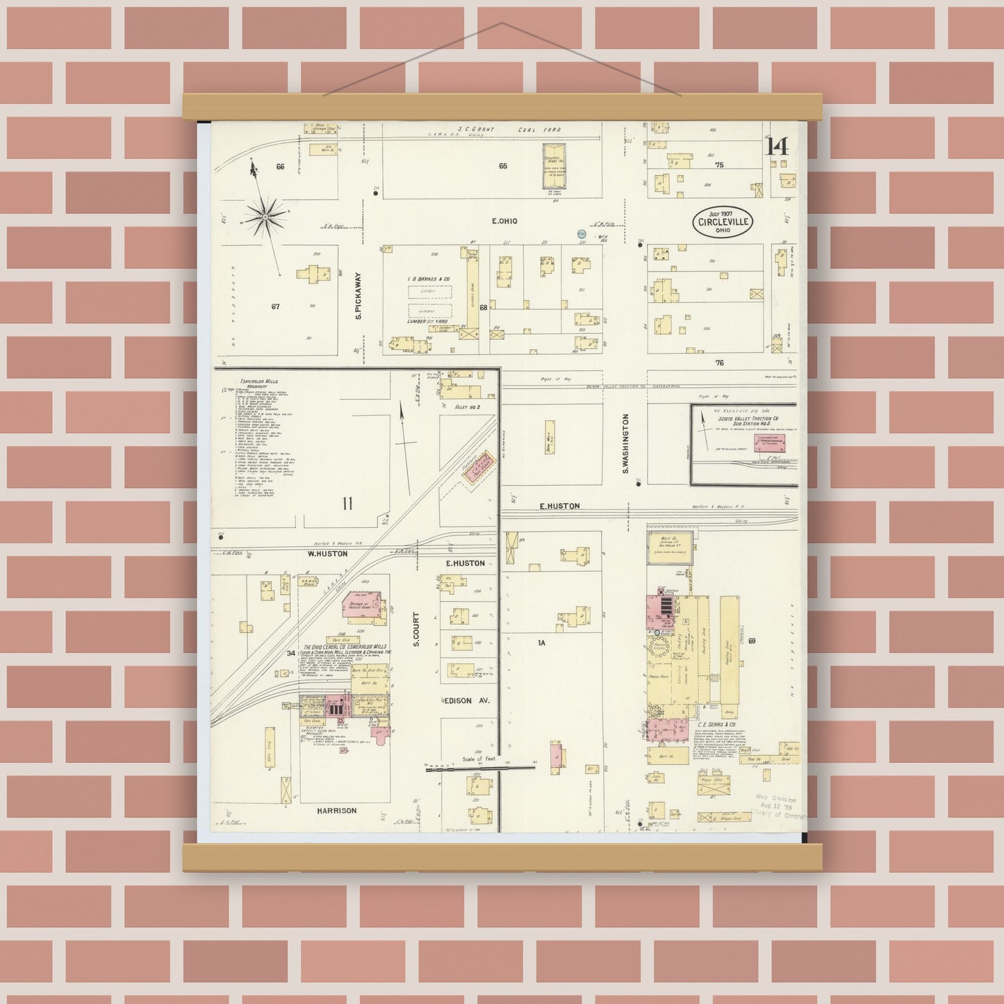 Old map wall art mockup — magnetic wood frame on brick wall — Sanborn Fire Insurance Map from Circleville, Pickaway County, Ohio (1907), Sheet #0014
