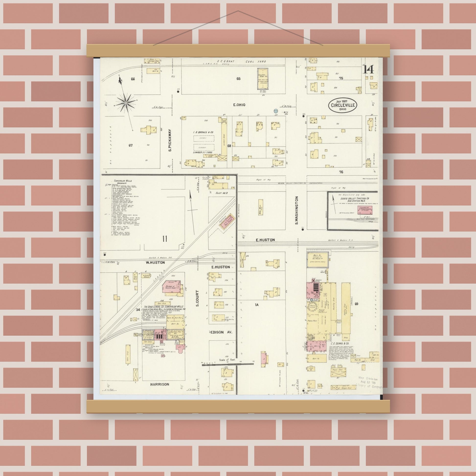 Old map wall art mockup — magnetic wood frame on brick wall — Sanborn Fire Insurance Map from Circleville, Pickaway County, Ohio (1907), Sheet #0014