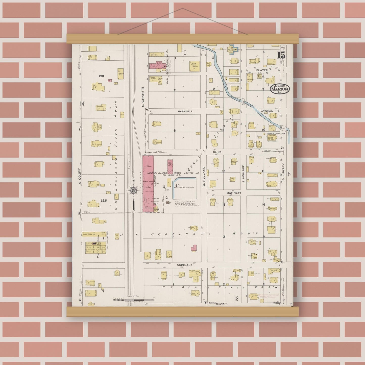 Old map wall art mockup — magnetic wood frame on brick wall — Sanborn Fire Insurance Map from Marion, Williamson County, Illinois (1922), Sheet #0015
