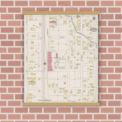 Old map wall art mockup — magnetic wood frame on brick wall — Sanborn Fire Insurance Map from Marion, Williamson County, Illinois (1922), Sheet #0015
