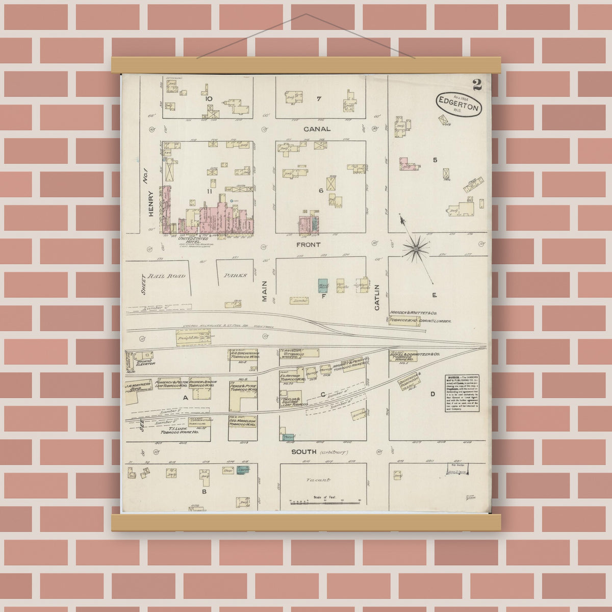 Old map wall art mockup — magnetic wood frame on brick wall — Sanborn Fire Insurance Map from Edgerton, Rock County, Wisconsin (1884), Sheet #0002