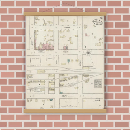 Old map wall art mockup — magnetic wood frame on brick wall — Sanborn Fire Insurance Map from Edgerton, Rock County, Wisconsin (1884), Sheet #0002