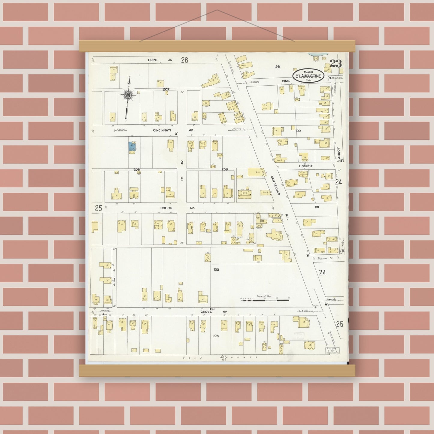 Old map wall art mockup — magnetic wood frame on brick wall — Sanborn Fire Insurance Map from Saint Augustine, Saint John's County, Florida (1910), Sheet #0023