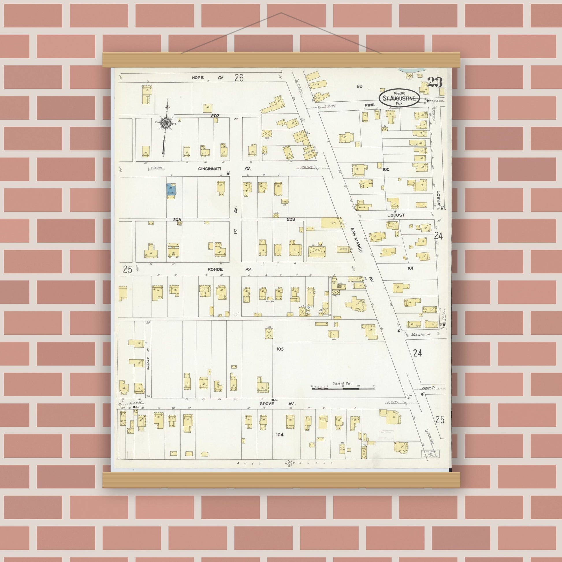 Old map wall art mockup — magnetic wood frame on brick wall — Sanborn Fire Insurance Map from Saint Augustine, Saint John's County, Florida (1910), Sheet #0023