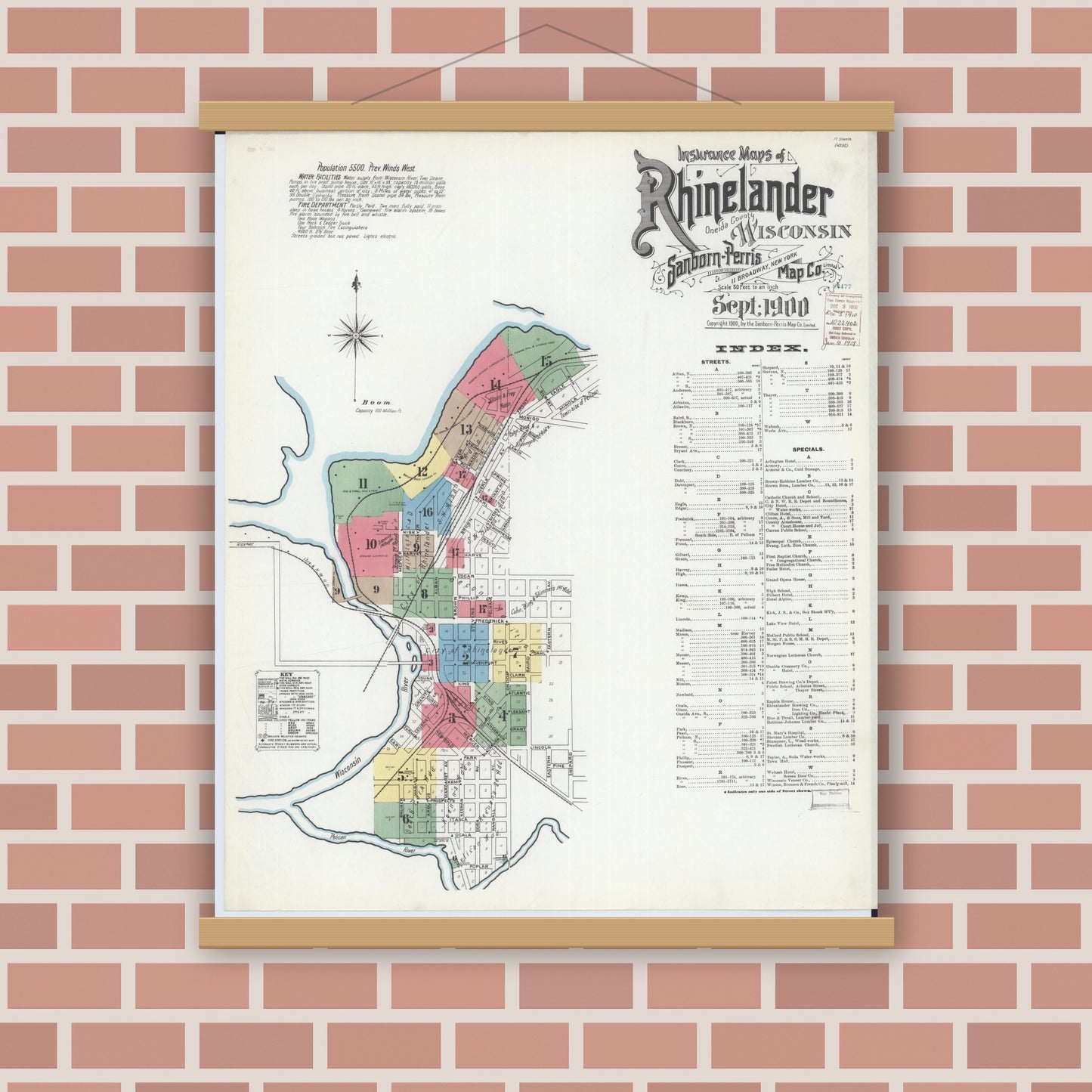 Old map wall art mockup — magnetic wood frame on brick wall — Sanborn Fire Insurance Map from Rhinelander, Oneida County, Wisconsin (1900), Sheet #0001