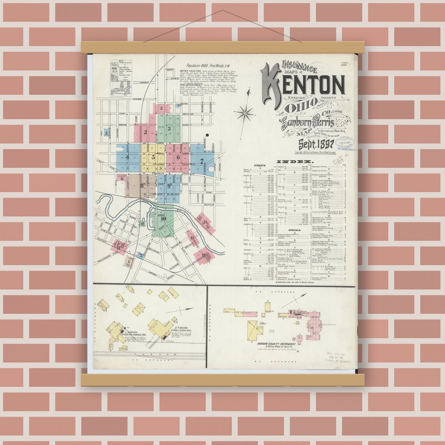 Old map wall art mockup — magnetic wood frame on brick wall — Sanborn Fire Insurance Map from Kenton, Hardin County, Ohio (1897), Sheet #0001