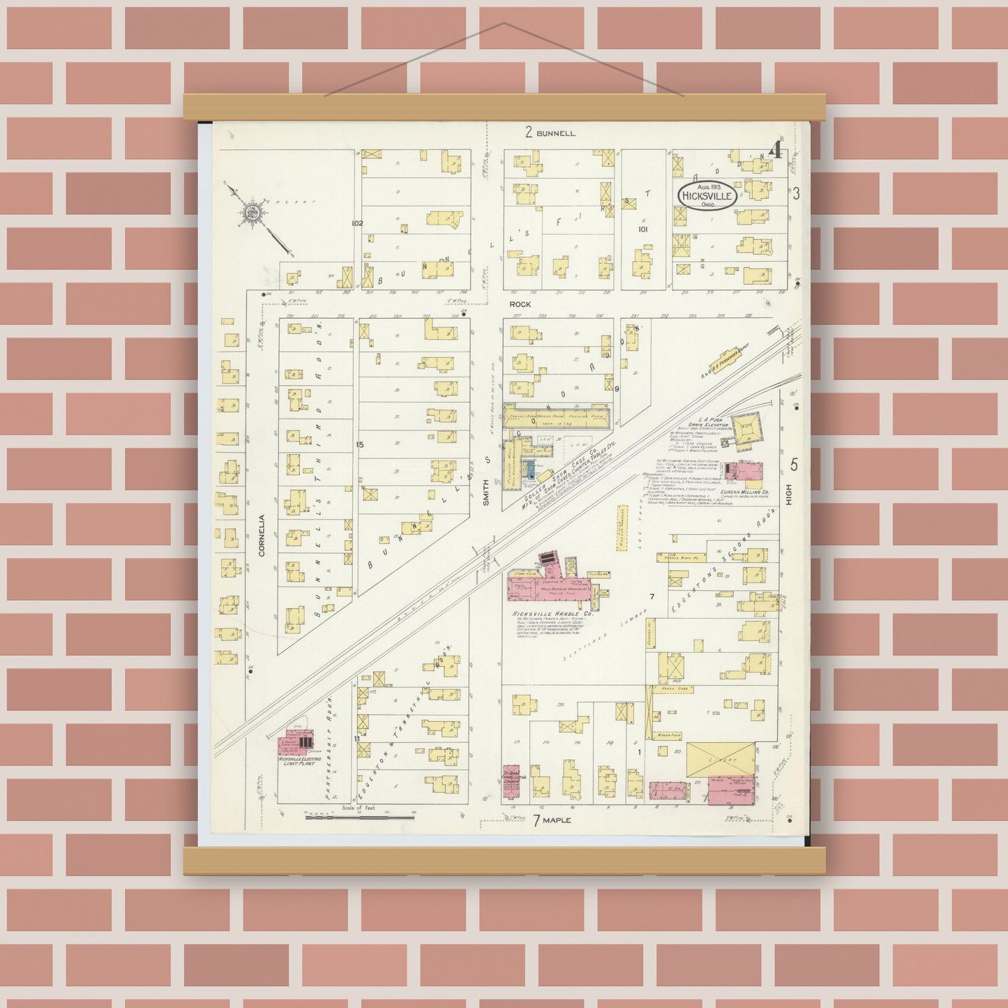 Old map wall art mockup — magnetic wood frame on brick wall — Sanborn Fire Insurance Map from Hicksville, Defiance County, Ohio (1913), Sheet #0004