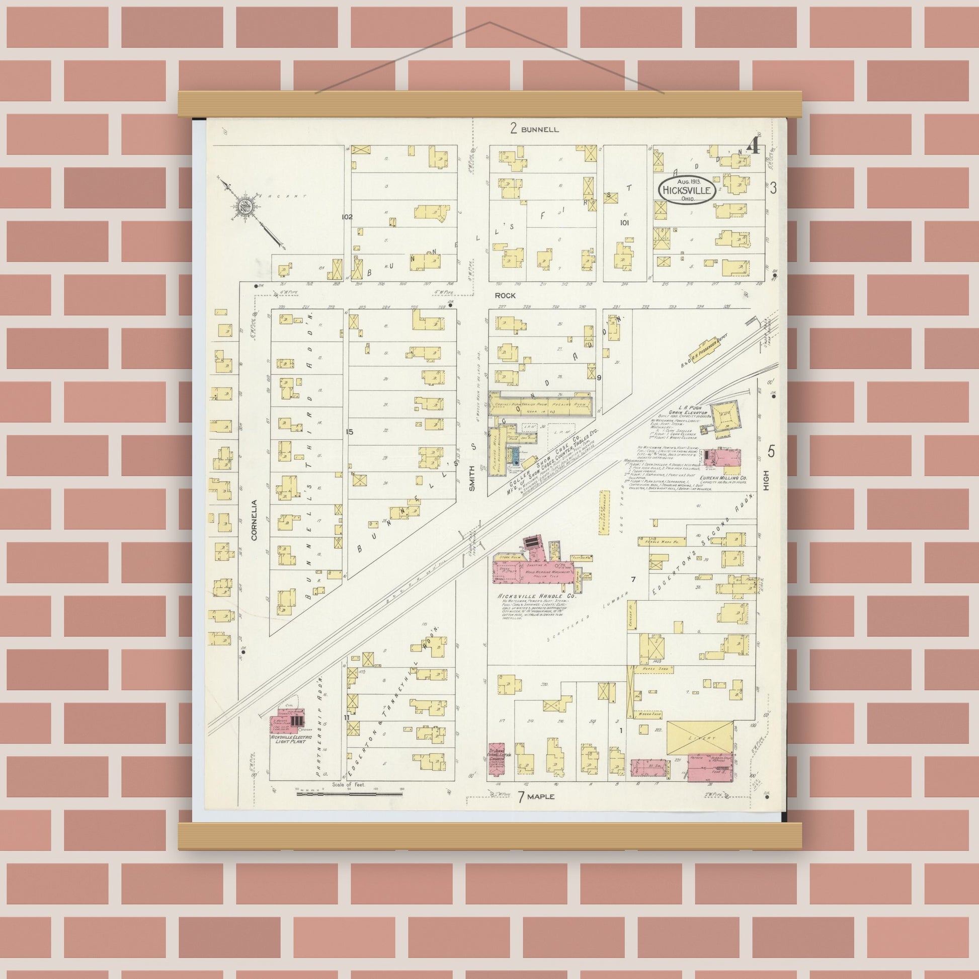 Old map wall art mockup — magnetic wood frame on brick wall — Sanborn Fire Insurance Map from Hicksville, Defiance County, Ohio (1913), Sheet #0004