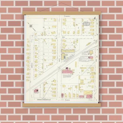 Old map wall art mockup — magnetic wood frame on brick wall — Sanborn Fire Insurance Map from Hicksville, Defiance County, Ohio (1913), Sheet #0004