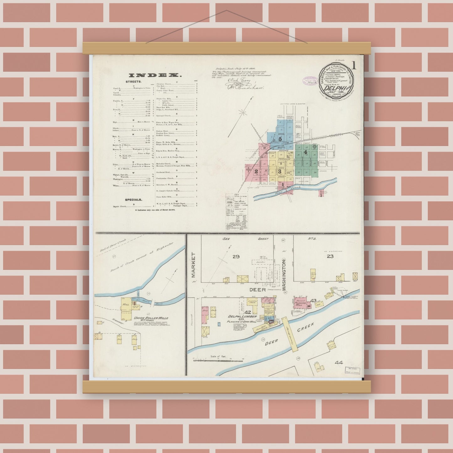 Old map wall art mockup — magnetic wood frame on brick wall — Sanborn Fire Insurance Map from Delphi, Carroll County, Indiana (1886), Sheet #0001