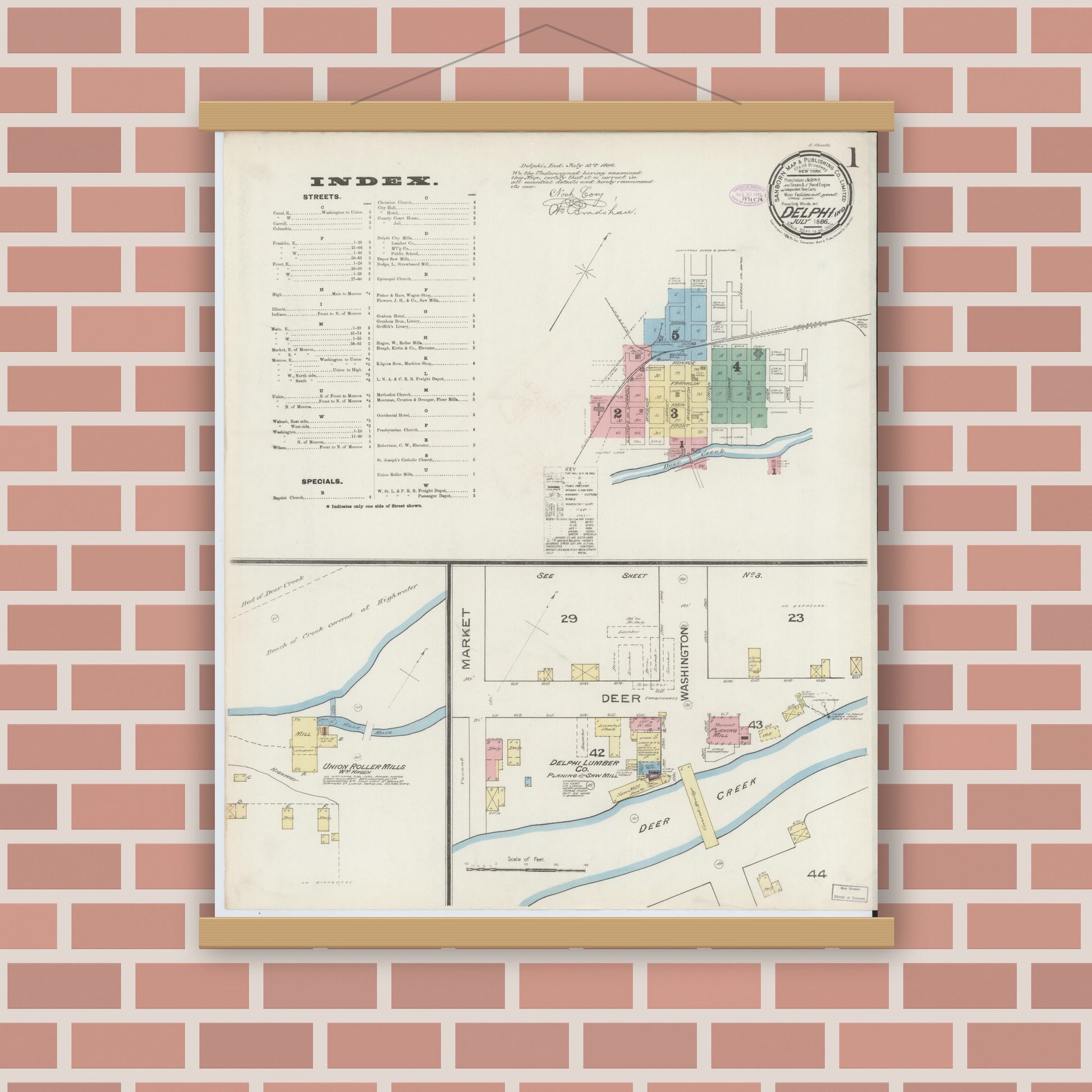 Old map wall art mockup — magnetic wood frame on brick wall — Sanborn Fire Insurance Map from Delphi, Carroll County, Indiana (1886), Sheet #0001