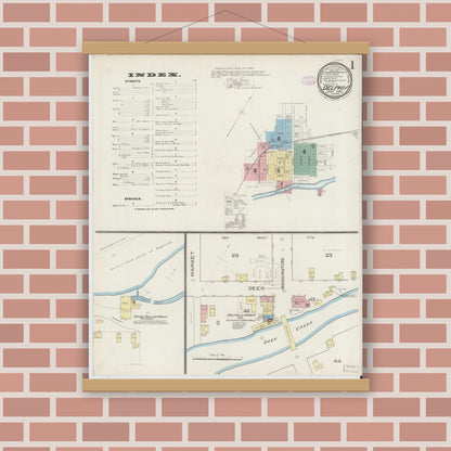 Old map wall art mockup — magnetic wood frame on brick wall — Sanborn Fire Insurance Map from Delphi, Carroll County, Indiana (1886), Sheet #0001